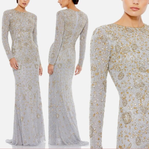 MAC DUGGAL 5308 TWO TONE BEADED HIGH NECK LONG SLEEVE PALTINUM/GOLD GOWN sz 18 - Picture 3 of 3